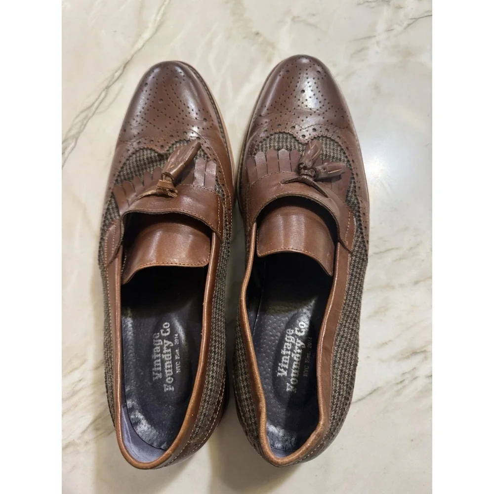 Vintage Foundry Co Wingtip Tassel Loafers Brown Leather Tweed Men's Slip On- 12